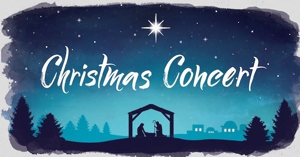 Nativity scene silhouette in shades of blue, with a simple structure and two people underneath, with a star and the words "Christmas Concert" in the sky.