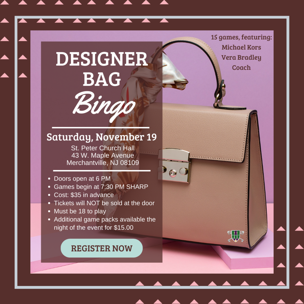 a handbag with details about the Designer Bag Bingo event at Saint Peter School on November 19, 2022