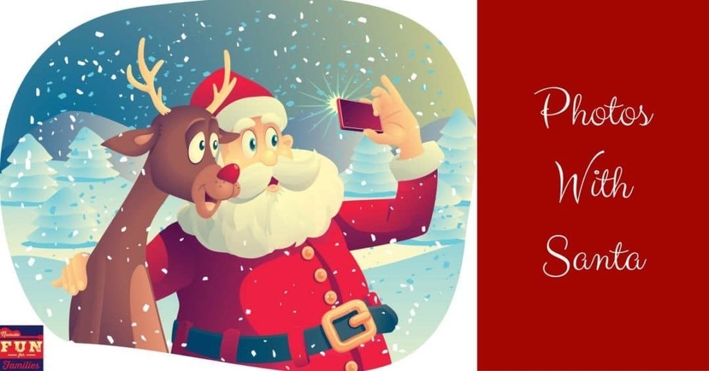 Santa Claus and Rudolph taking a selfie in front of a winter background.